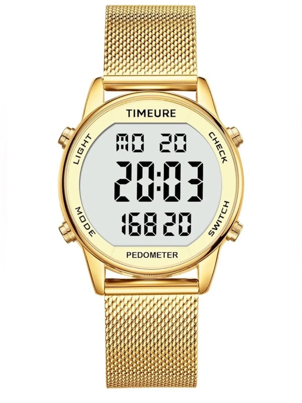 TIMEURE Digital Pedometer Watch Gold Mesh Band. Waterproof Step Counter Fitness